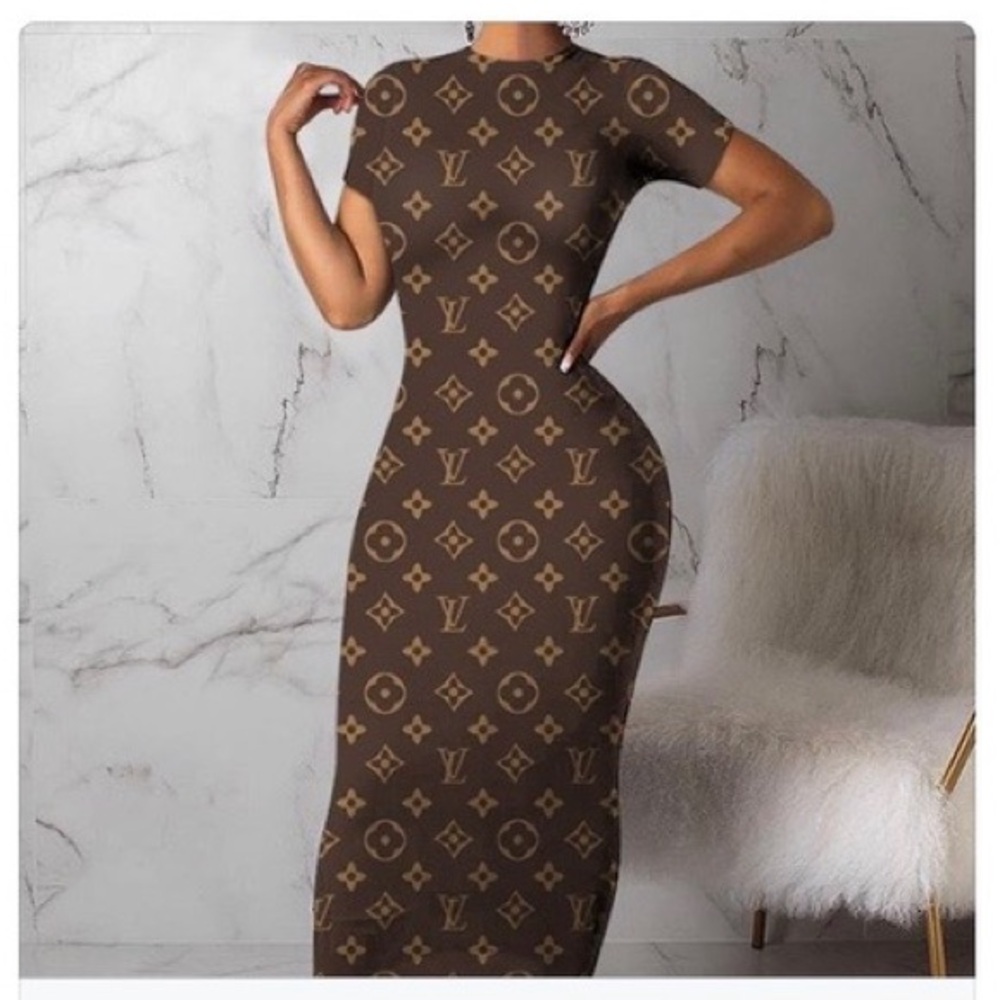 Brown Designer Patterned Monogram Dress! L-2X